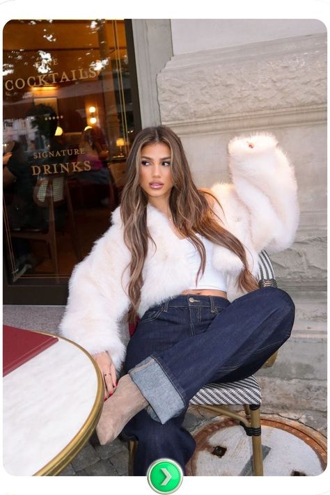 Fluffy white jacket styled with relaxed denim for a casual yet chic winter vibe. Perfect for cozy café mornings or outdoor winter adventures. White Fluffy Jacket Outfit, Fluffy White Jacket, White Fluffy Jacket, Fluffy Jacket Outfit, Outfits For Cold Weather, Girly Winter Outfits, Girly Winter, Doormat Ideas, Fluffy Jacket