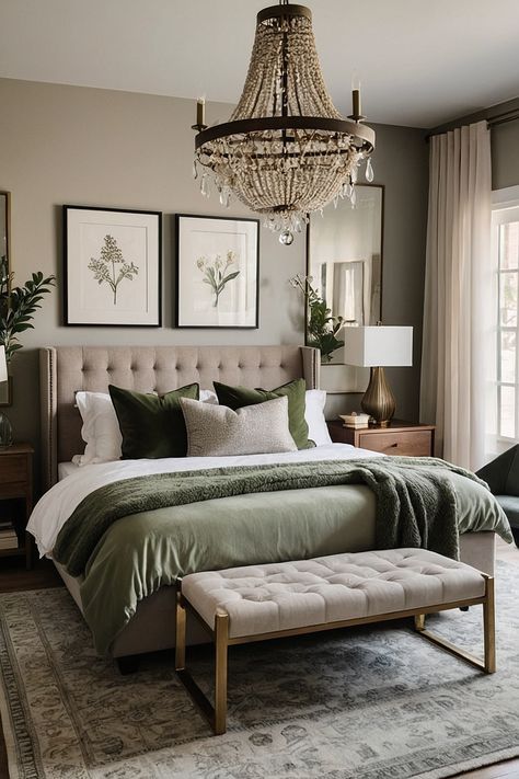 Solid Color Bedroom, Grey Green And Cream Bedroom, Hunter Green And Cream Bedroom, Dream Bedroom Master Earthy, Cool Earth Tone Bedroom, Master Bedrooms Decor Unique, Guest Room Ideas Green, Neutral With Green Bedroom, Sage Master Bed