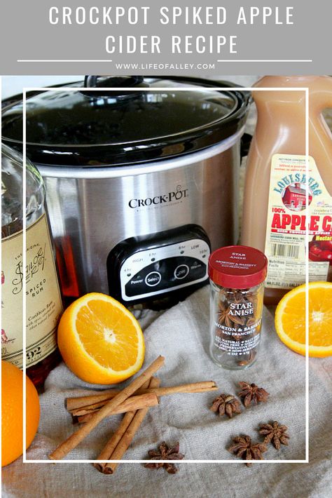 Adult Apple Cider Crockpot, Apple Cider Rum Crockpot, Hot Cider With Alcohol, Crockpot Spiked Hot Apple Cider, Hot Spiked Apple Cider Recipe Crockpot, Crockpot Hot Toddy, Spiked Wassail Recipe, Apple Cider Spiked, Spiked Cider Recipes