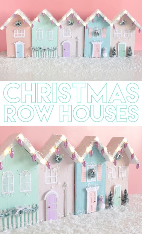 Pastel Xmas Decorations, Wooden Christmas Houses Diy, Pastel Christmas Decor, Village Christmas, Christmas Craft Ideas, Diy Christmas Village, Row Houses, Pastel Christmas, Christmas Town