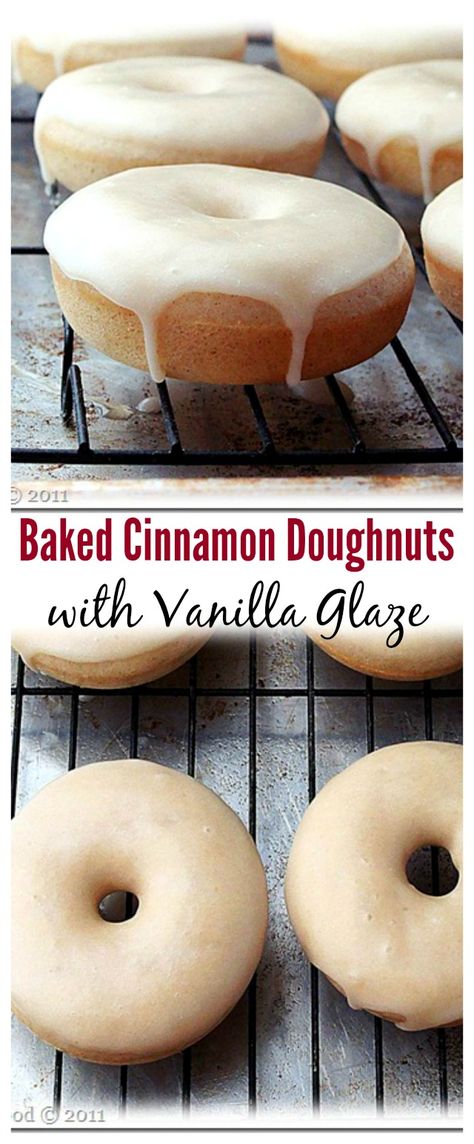 Baked Cinnamon Doughnuts with Vanilla Glaze – Spiced with a bit of cinnamon and topped with a sweet vanilla glaze, these doughnuts are the best I have ever made! Baked Vanilla Donut Recipes, Fun Donuts Designs, Baked Yeast Donuts With Donut Pan, Chocolate Icing For Donuts Recipe, Baked Donuts With Donut Pan, Savory Donuts, Baked Doughnut Recipes, Baked Donut, Donut Pan