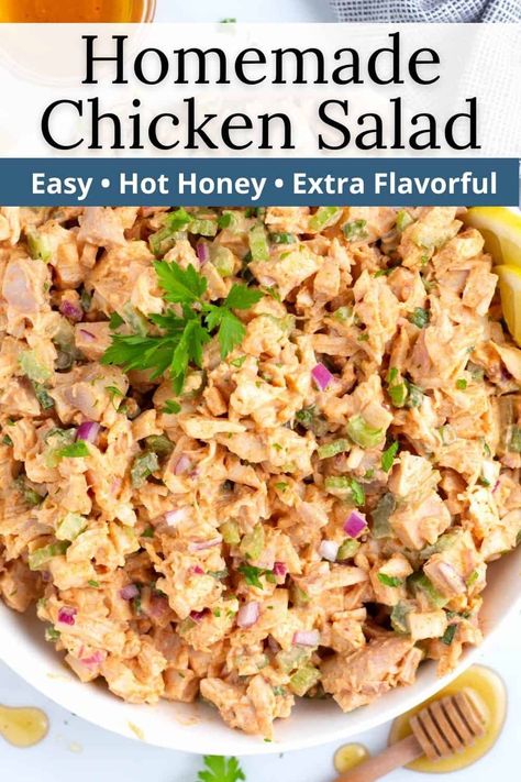 This Hot Honey Chicken Salad Recipe is a super easy, protein-packed meal that’s a spicy-sweet twist on the classic. Just grab a rotisserie chicken and mix it up with spice, honey, Greek yogurt, red onion, and celery for some crunch that’s totally delicious. It's perfect for a quick & easy meal, lunchtime meal prep, or picnics. Easy Hot Honey Chicken, Honey Chicken Salad, Spicy Chicken Salad, Sweet Spicy Chicken, No Heat Lunch, Hot Honey Recipe, Hot Chicken Salads, Hot Honey Chicken, Homemade Chicken Salads