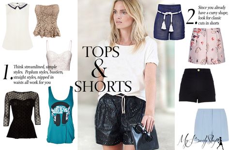 magazine-layout-shorts-&-tops-hourglass-body-shape Full Figure Outfits, Dress For My Body Type, Hourglass Outfits, Style Analysis, Hourglass Body Shape, Tops And Shorts, Core Wardrobe, Summer Capsule, Beauty Tricks