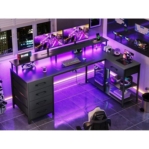 Desk Led Lights, Corner Desk Home Office, L Shaped Gaming Desk, Office Desk With Storage, Desk With Led Lights, Games Room Inspiration, Computer Desk With Shelves, Bed With Led Lights, L Shape Desk