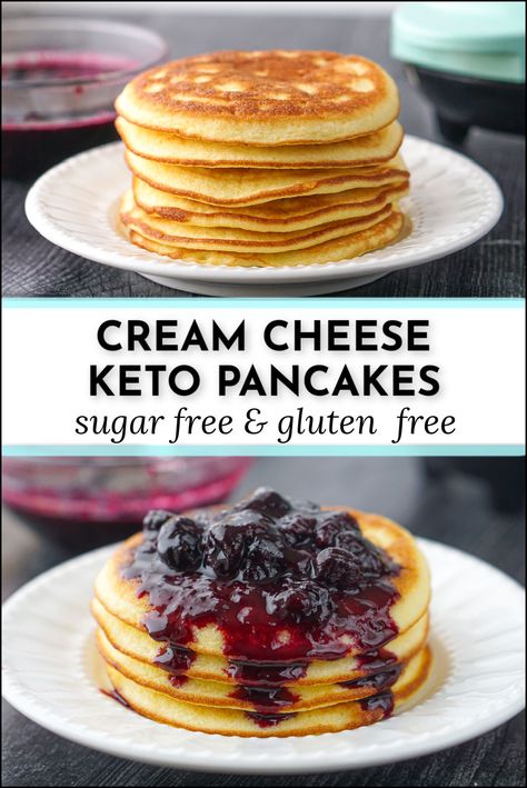 white plate with stack of keto cream cheese pancakes and text Keto Pancakes No Eggs, Cream Cheese Pancakes Recipe, Keto Cream Cheese Pancakes 2 Ingredients, Low Carb Blueberry Pancakes, Healthy Breakfast With Cream Cheese, Cream Cheese Pancakes Keto, Keto Waffles With Cream Cheese, Carnivore Pancakes Cream Cheese, Keto Pancakes Cream Cheese