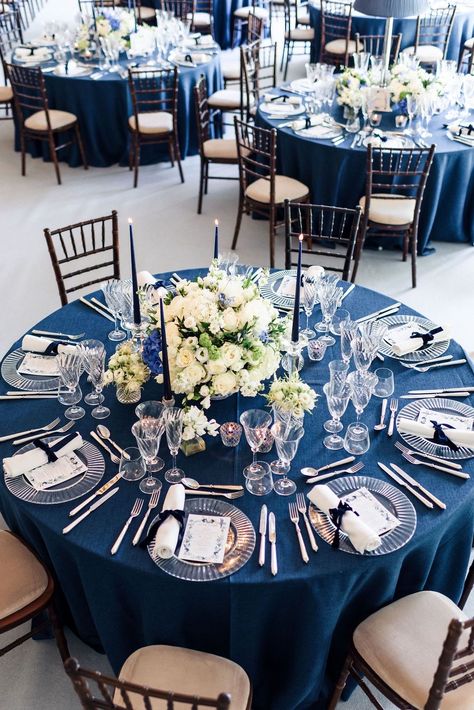 Estate Tables Wedding, Blue Sequin Table Cloth, Navy Blue Candles, Navy Blue Table Decorations Wedding, Navy And White Centerpieces, Navy Blue Tablecloth Wedding, Shades Of Blue Wedding Table Decor, Wedding Table Navy Blue, Navy Blue And Grey Wedding Decorations