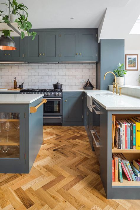 Dark Worktop Kitchen Ideas, Kitchen Ireland Ideas, Kitchen Ireland, Dark Grey Shaker Kitchen, Oak Herringbone Floor, Large Kitchen Ideas, Ireland Interior, White Metro Tiles, Tiles Herringbone