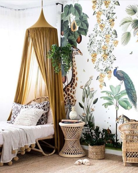 Jungle Bedroom Theme, Kids Jungle Room, Safari Bedroom, Vintage Inspired Bedroom, Jungle Bedroom, Jungle Theme Nursery, Rattan Bed, Jungle Room, Jungle Nursery