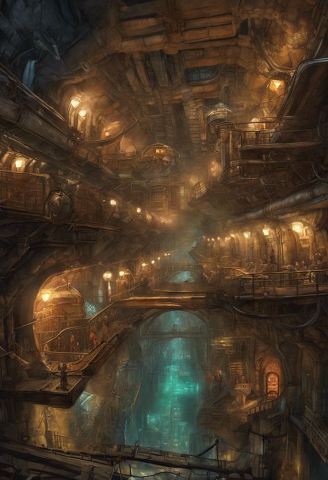 Subterranean Gearworks Check more at https://paintlyx.com/subterranean-gearworks/ Steampunk Setting Art, Sci Fi Underground City, Underground Steampunk City, Dnd Underground City, Underground City Aesthetic, Underground City Art, Underground City Fantasy Art, Underground City Concept Art, Subterranean City