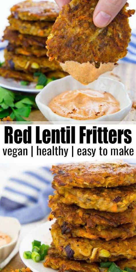 Red Lentil Fritters, Lentil Fritters, Vegan Dinner Recipes Easy, Potato Fritters, Red Lentils, Resep Diet, Easy Vegan Dinner, Tasty Vegetarian Recipes, Lentil Recipes