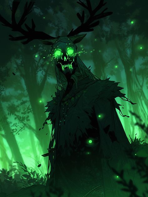 Nightmare, monster Evil Forest Spirit, Forest Demon Art, Slimefolk Dnd, Plant Monster Drawing, Eldritch Monster Design, Necromancy Aesthetic Green, Fantasy Forest Monster, Necromancer Aesthetic Male, Forest Spirit Character Design