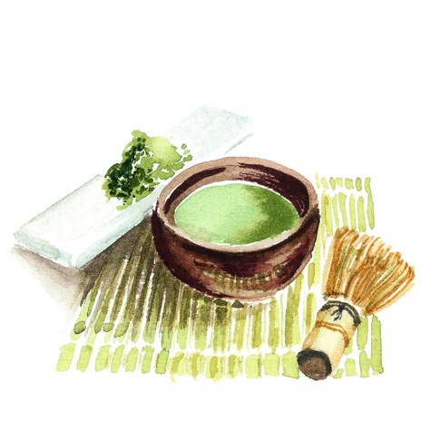 Matcha Watercolor, Green Tea Illustration, Tea Illustration Art, Matcha Illustration, Matcha Art, Macha Tea, Tea Drawing, Illustration Japanese, Art Of Tea