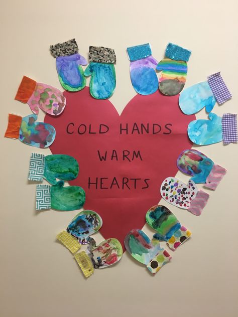 February Pre K Activities, Cold Hands Warm Heart Bulletin Board, Winter Clothing Activities For Toddlers, Winter Bulletin Boards For Toddlers, Winter Clothing Preschool Activities, Cold Hands Warm Heart Craft, Mitten Crafts For Toddlers, Winter Clothes Activities Preschool, January Bulletin Board Ideas Preschool