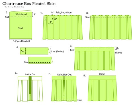 Chartreuse Box Pleated Skirt by Bunny Baubles Blog Instructions Tennis Skirt Pattern, Pleated Skirt Sewing, Pleated Skirt Tutorial, Skirt Dress Pattern, Skirt Sewing Tutorial, Pleated Skirt Pattern, Pola Rok, Knife Pleated Skirt, Box Pleated Skirt