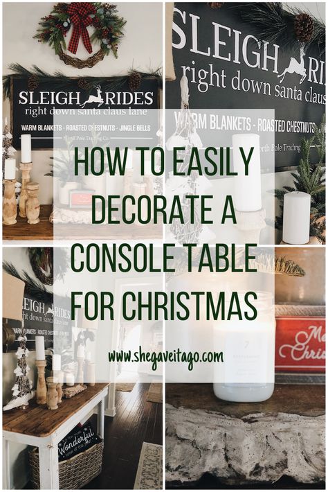 How To Easily Decorate A Console Table For Christmas! Console table styled with Christmas decorations in farmhouse style! #DIY #Christmas #Christmasdecor #farmhouse #farmhousestyle Farmhouse Christmas Sofa Table Decor, Console Table Styling For Christmas, Hobby Lobby Console Table Decor, Christmas Garland Console Table, Christmas Decorated Sideboard, How To Decorate A Sideboard For Christmas, Holiday Console Table, Christmas Decorations Console Table, Christmas Hall Table Decorations