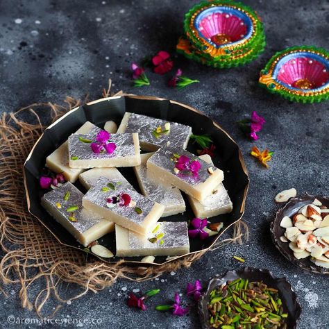 Barfi Recipe | Mawa Barfi | Khoya Barfi Khoya Barfi, Pakistani Desserts, Barfi Recipe, Holi Recipes, Rose Petal Jam, Fresh Rose Petals, Cherry Recipes, Color Festival, Pie Recipes