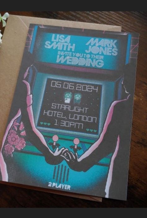 Gamer Theme Wedding, Subtle Nerdy Wedding Ideas, Video Game Wedding Ideas, Gamer Wedding Ideas, Gamer Wedding Invitations, Fallout Wedding, Gaming Wedding, Arcade Wedding, Video Game Wedding