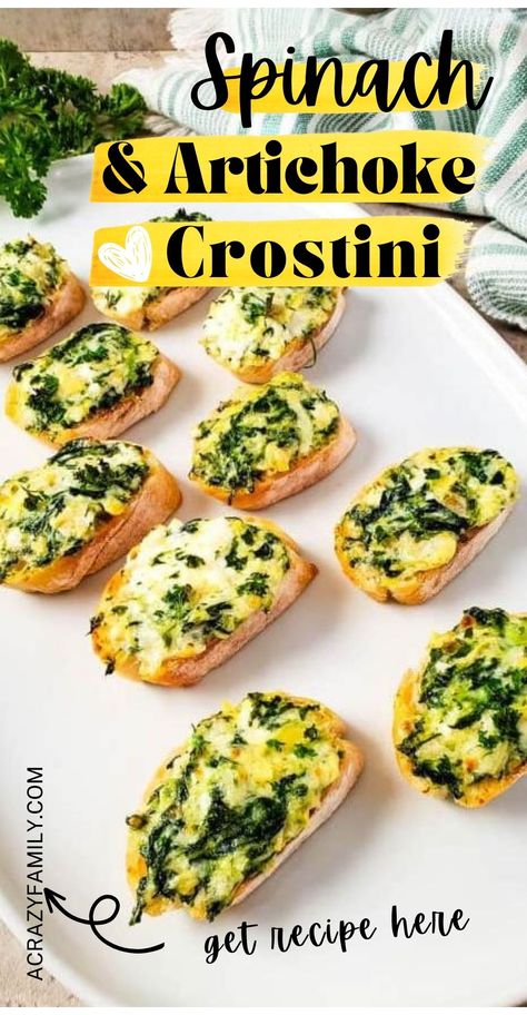 Perfectly toasted baguette slices are topped with a creamy spinach and artichoke mixture, finished with a sprinkle of melty cheese. This easy-to-make recipe is bursting with flavor and is sure to impress at your next gathering.    #appetizer #spinachartichoke #crostini #partyfood #easyrecipe" Spinach Artichoke Bruschetta, Baguette Toppings Appetizers, Spinach Appetizer Recipes, Appetizer Recipes Crostini, Spinach And Artichoke Crostini, Spinach Artichoke Crostini, Baguette Appetizer Ideas, Artichoke Crostini, Baguette Appetizer