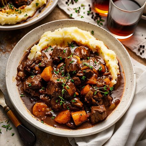 Easy Homemade Beef Bourguignon - Krystel's Cooking Beef Burgonione Recipe, Crockpot Beef Bourguignon, Beef Bourginon, Beef Red Wine, Easy Beef Bourguignon, Harvest Menu, Beef Burgundy, Tasteful Recipes, Beef Bourguignon Recipe