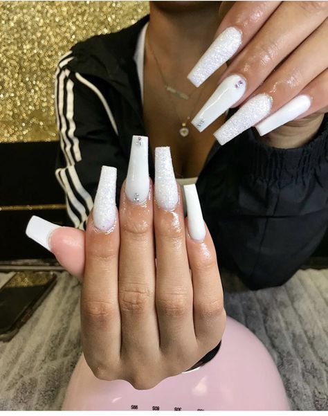 Plain White Nails With Gems, White Coffin Nails, Plain Nails, Ombre Acrylic Nails, White Acrylic Nails, Glow Nails, Long Acrylic Nails Coffin, Acrylic Nails Coffin Pink, White Nail Designs