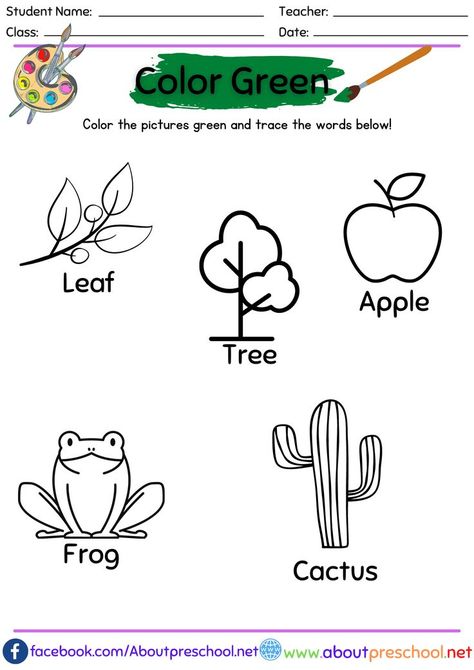 Color Worksheets Green Worksheet For Nursery Class, Green Activities, Preschool Pictures, Preschool Color Activities, Color Worksheets For Preschool, Kindergarten Colors, Kindergarten Reading Activities, All About Me Preschool, Preschool Tracing