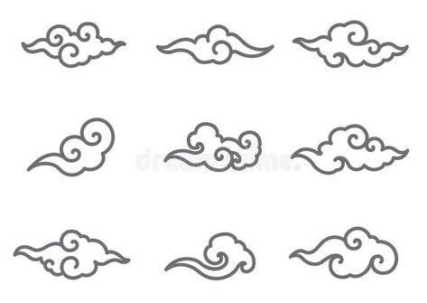 Japanese Cloud Illustration, Clouds Line Drawing, Asian Clouds Drawing, Simple Asian Tattoo, Asian Cloud Tattoo, Thai Illustration, Cloud Japanese, Asian Clouds, Japanese Cloud Tattoo