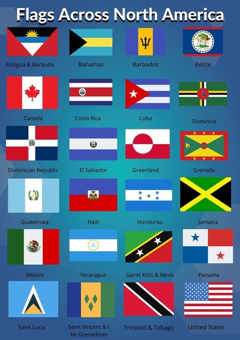 North America includes many countries! Great for Geography lessons. Test students to see how many countries they can identify North America Flags, World Flags With Names, North America Flag, North America Continent, World Country Flags, Countries And Flags, Flags With Names, Geography Lessons, World Geography