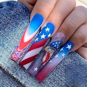 Tricolor Matte Glue on Nails Star Acrylic Nails Manicure Artificial Nails for Women Girls Usa Nails, Fourth Of July Nails, 4th Of July Nails, Color Nails, July Nails, Vacation Nails, Nail Forms, Star Nails, Acrylic Nails Coffin