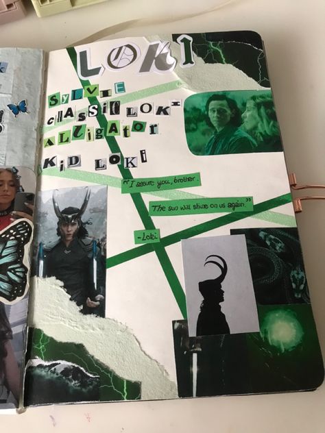 #loki #scrapbooking Loki Reading Book, Loki Journal Ideas, Marvel Scrapbook Ideas, Lizzie Core, Loki Painting, Marvel Sketchbook, Movie Journaling, Marvel Scrapbook, Loki Stickers