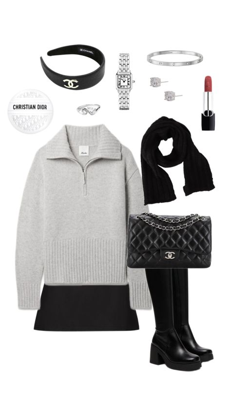 grey quarter zip, black skirt, black knee length boots, black chanel flap bag, black scarf, chanel headband, dior hand cream, silver jewellery, silver accessories, silver ring, silver watch, diamond earrings, silver bracelet, dior lipstick, autumn, fall, old money, aesthetic, cozy, cute, girly, classy, timeless, classic Autumn Fall Aesthetic, Aesthetic Shuffles, Old Money Outfits, Winter Fit, Autumn Fits, Trendy Outfits For Teens, Fall Aesthetic, Cute Everyday Outfits, Stage Outfits