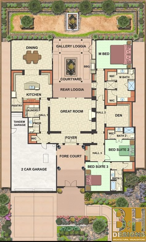 Hacienda Floor Plans, Courtyard Homes, Color Floor, Hacienda Style Homes, Courtyard House Plans, Mexico House, Home Design Floor Plans, Casas The Sims 4, House Layout Plans