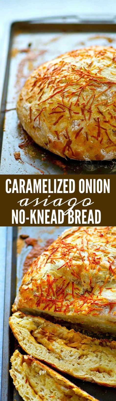 Flavorful caramelized onion and sharp asiago cheese are the perfect duo in this stunning asiago no-knead bread! Its made overnight for easy baking the next day and SO incredibly tender and flavorful! Yeast Bread Rolls, Onion Bread, Dutch Oven Bread, Knead Bread, Asiago Cheese, Savory Bread, No Knead Bread, Caramelized Onion, Baked Bread