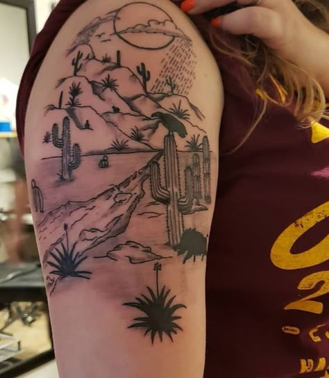 South Western Tattoo Ideas, Desert Half Sleeve Tattoo, Texas Desert Tattoo, Mountain And Desert Tattoo, Desert Theme Sleeve Tattoo, Mens Western Sleeve Tattoo, Cactus Landscape Tattoo, Sonoran Desert Tattoo, Upper Arms Tattoos For Women