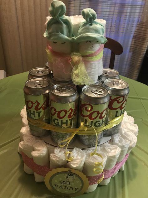 Daddy Diaper cake for a Huggies and Chuggies party Huggies And Chuggies Party, Dad Baby Shower Gift, Shower Baskets, Diaper Party, Man Shower, Sprinkle Shower, Baby Shower Baskets, Beer Cake, Baby Shower Diaper Cake