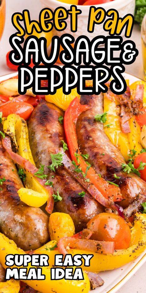 Sheet pan peppers and sausage recipe Easy Sausage And Peppers, Sheet Pan Sausage And Peppers, Italian Sausage Links, Sheet Pan Sausage, Sausage And Veggies, Bratwurst Sausage, Sausage Dishes, Time Meaning, Sausage Bake