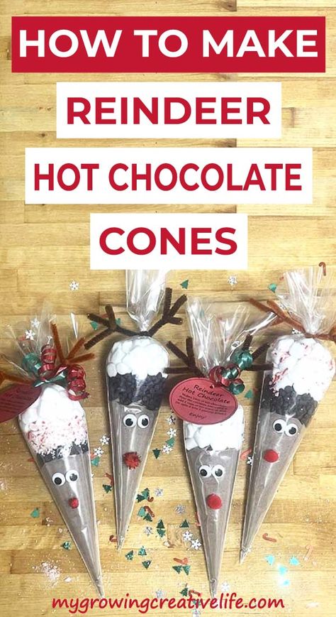 DIY Reindeer Hot Chocolate Cones: An Easy, Yummy Gift - My Growing Creative Life Reindeer Hot Chocolate Cones, Christmas Hot Chocolate Gifts, Hot Chocolate Cones, Diy Reindeer, Reindeer Hot Chocolate, Chocolate Cone, Candy Cane Reindeer, Hot Cocoa Gift, Diy Hot Chocolate