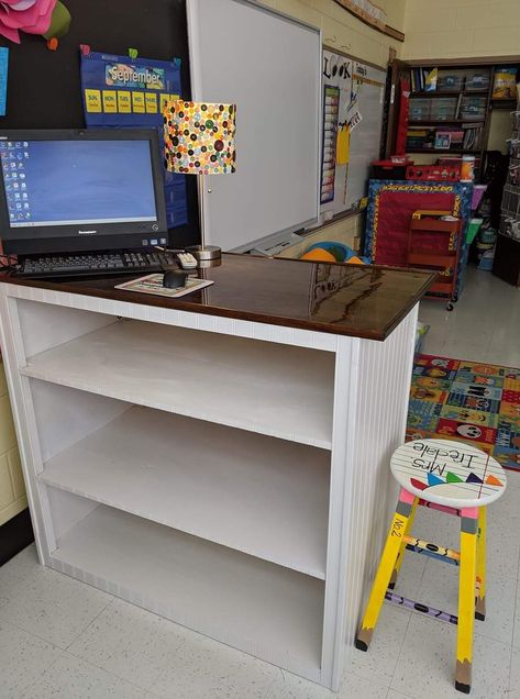 Teacher Carpet Area, Teacher Projector Station, Tall Teacher Desk, Teacher Refrigerator Area, Kidney Desk Classroom, Small Teacher Desk Area, Diy Teacher Podium, Desk Classroom Arrangement, Classroom Without Teacher Desk