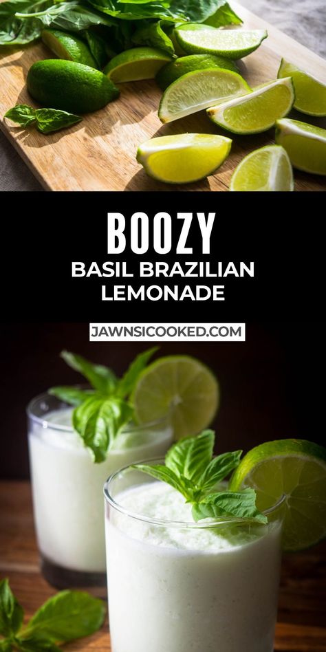 This Boozy Basil Brazilian Lemonade is a frosty, refreshing cocktail with  fresh lime, coconut milk, basil, and vodka. Super easy to whip up with your blender- these are the perfect summer treat! Lime Vodka Drinks, Coconut Milk Cocktail, Basil Drinks, Basil Smoothie, Coconut Milk Drink, Basil Cocktail, Coconut Vodka, Brazilian Lemonade, Frosted Lemonade