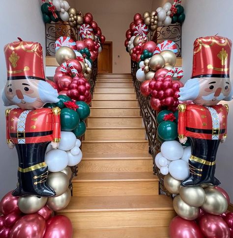 Nutcracker Christmas Balloons, Nutcracker Holiday Party, Nutcracker Christmas Party Decorations, Nutcracker Balloon Arch, Staircase Balloon Garland, Nutcracker Party Ideas, Nutcracker Balloon, Fundraiser Ideas School, Nutcracker Christmas Party