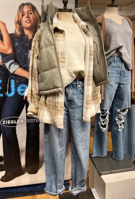 Casual fall outfit with jeans, green puffer vest and plaid shacket mom jeans outfit for fall, puffer vest outfit, flannel outfit, casual fall outfit 2023, casual jeans outfit fall, fall fashion outfit, womens shacket outfit, fall rainy day outfit Fall Outfit With Jeans, Jeans Outfit For Fall, Fall Puffer Vest, Fall Rainy Day, Fall Rainy Day Outfits, Fall Outfit 2023, Green Puffer Vest, Puffer Vest Outfit, Shacket Outfit