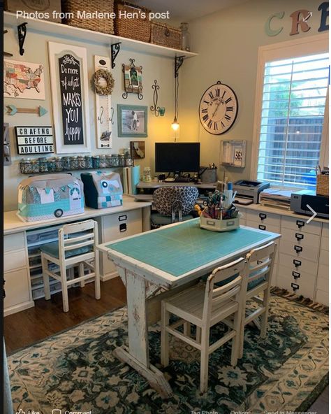 Office And Sewing Room Combo, French Country Craft Room, Office Craft Room Combo Small Spaces, Country Craft Room, Shed Craft Room Ideas, Crafting Room Ideas, Sewing Rooms Ideas, Craft Corner Ideas Small Spaces, Small Sewing Room