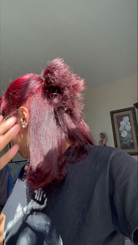 Skunk Stripe Hair Burgundy, Natural Hair Dyes For Black Women, Peekaboo Hair Color Burgundy, Dyed Natural Hair Black Women, Dark Red Natural Hair Black Women, Red Natural Hair Black Women, Dyed Hair Black Women, Sleek Short Hair, Hair Black Women