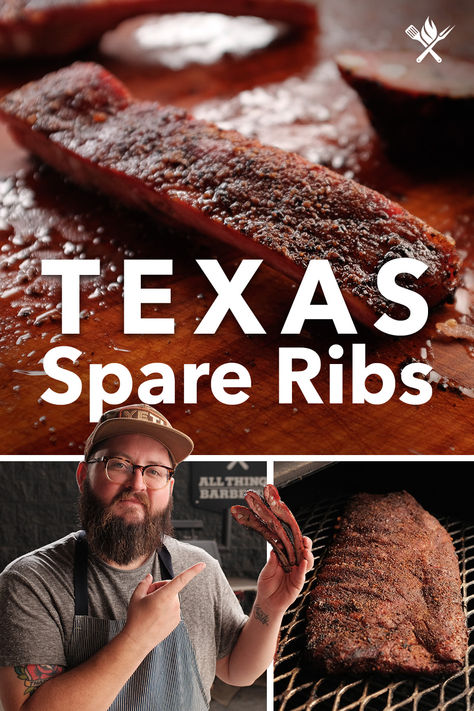 Everything is bigger in Texas, including these Texas Style Spare Ribs!  Get ready to impress this Fourth of July with these smoky, flavorful pork spare ribs. They're a definite crowd pleaser. The origins of Texas barbecue can be traced back to the 19th century and have evolved over time to become a quintessential part of American culinary heritage.  Enjoy these on the 4th of July or any other gathering this summer!  For the full recipe and video, click the link. Pellet Grill Accessories, Bbq Recipes Grill, Texas Barbecue, Pork Spare Ribs, Rotisserie Grill, Grill Island, Offset Smoker, Clean Grill, Texas Style