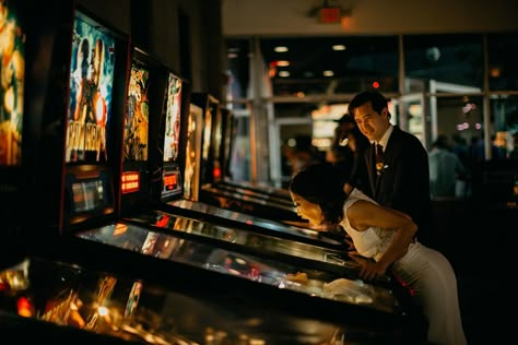 Arcade Theme Wedding, Arcade Game Wedding, Arcade Prom Pictures, Arcade Game Photoshoot, Arcade Family Photoshoot, Arcade Photoshoot Engagement, Pinball Engagement Photos, Arcade Wedding Reception, Arcade Prewedding