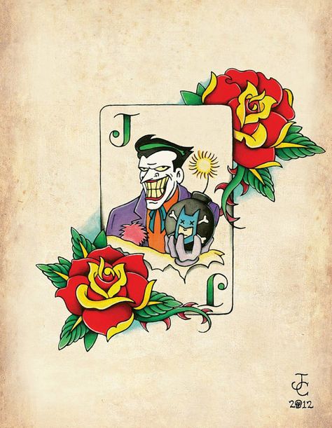 Traditional style Joker. Joker Card Tattoo, Playing Card Tattoos, Joker Tattoo Design, Joker Playing Card, Batman Tattoo, Joker Tattoo, 4 Tattoo, Joker Card, Traditional Tattoo Art