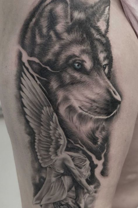 Christian Wolf Tattoo, Demonic Wolf Tattoo, Wolf Tattoo Ideas For Women Half Sleeves, Wolf And Angel Tattoo, Wolf Angel Tattoo, Father Daughter Wolf Tattoos, Wolf With Wings Tattoo, Wolf And Eagle Tattoo, Tattoos For Women Dog