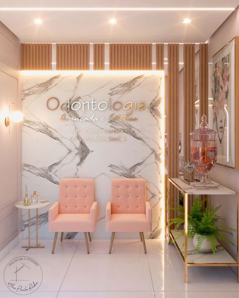 White And Gold Esthetician Room, Reception Area Ideas, Dental Organization, Small Reception Counter, Esthetician Studio, Dental Design Interior, Dentist Office Design, Esthetician Room Decor, Dental Office Design Interiors