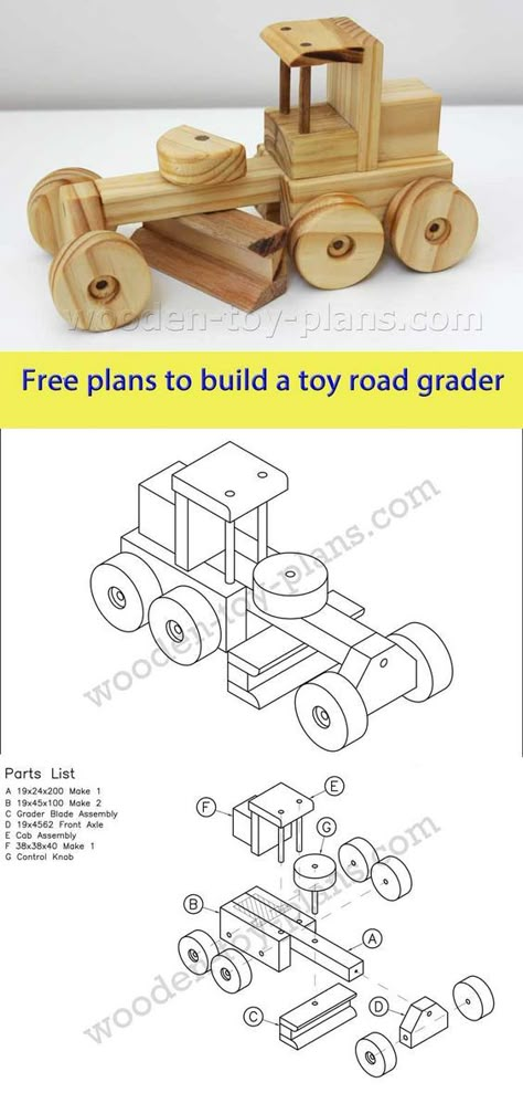 Download free printable plans to build this toy road grader. Plans include step by step instructions and photos. #woodtoy Wooden Toy Plans Free, Wooden Toys Plans Free Download, Wooden Toy Trucks Plans Free, Wooden Toys Plans Free, Diy Wooden Toys, Diy Wooden Toys Plans, Toy Road, Wooden Toys Diy, Wooden Toy Trucks