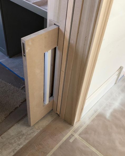 A cool little custom built dog gate incorporated into the mud room pocket door jamb opening. The opening was about 14” wide so there was… | Instagram Build Pocket Door, Interior Door With Doggie Door, Pocket Gate, Pocket Gate For Stairs, Dog Pocket Door, Dog Gates, Sliding Dog Gate, Pocket Dog Door, Dutch Pocket Door