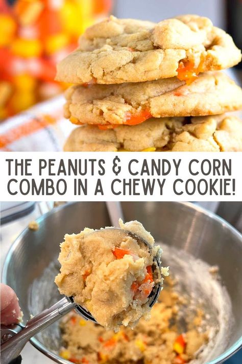 photo collage of peanut butter cookies with candy corn inside and raw cookie dough in a medium cookie scoop Peanut Butter Candy Corn Cookies, Cookies With Candy Corn, Candy Corn On The Cob, Candy Corn Cookies Recipe, Halloween Sprinkle Cookies, Peanuts And Candy Corn, Chunky Cookie Recipe, Halloween Candy Cookies, Witch Cookies